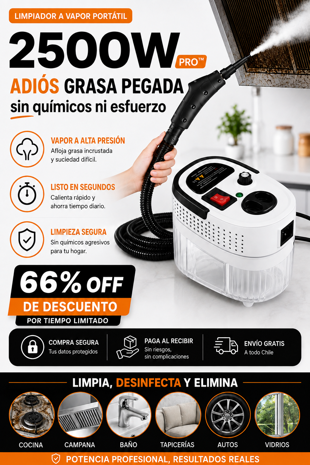 Limpiador a Vapor Portátil 2500W PRO™ | Adiós grasa pegada al instante