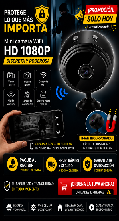 Mini cámara magnética Full HD Wi-Fi visión nocturna rastrea todo en tu teléfono celular