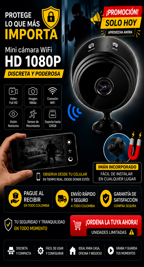 Mini cámara magnética Full HD Wi-Fi visión nocturna rastrea todo en tu teléfono celular